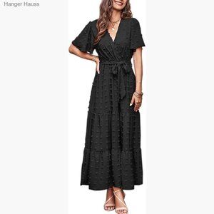 Swiss Dot Maxi Dress Wrap V-Neck Flutter Sleeve Boho Wedding Guest